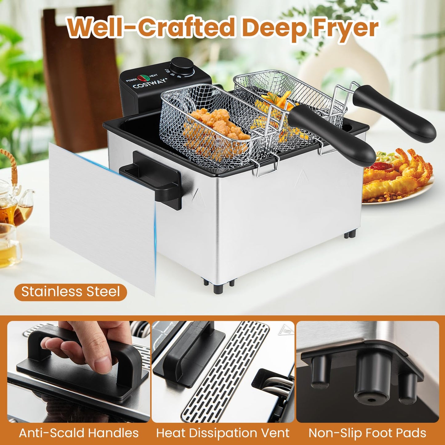2000W Electric Deep Fryer Stainless Steel Countertop Frying Pot with 3 Baskets