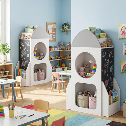 3-Tier Kids Bookshelf Rocket Space Theme Toddler Toy Storage Organizer with Chalkboard