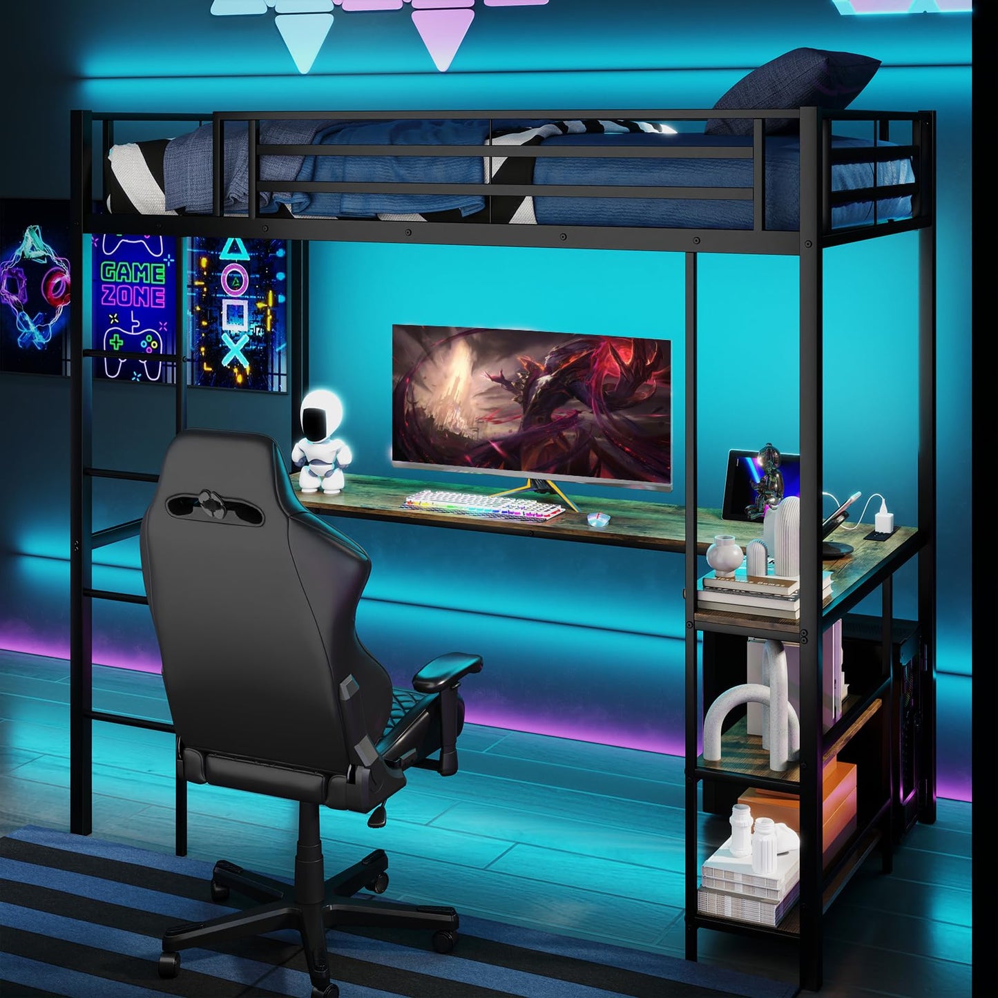 3FT Metal Frame Ladder Loft Bed with RGB LED Lights