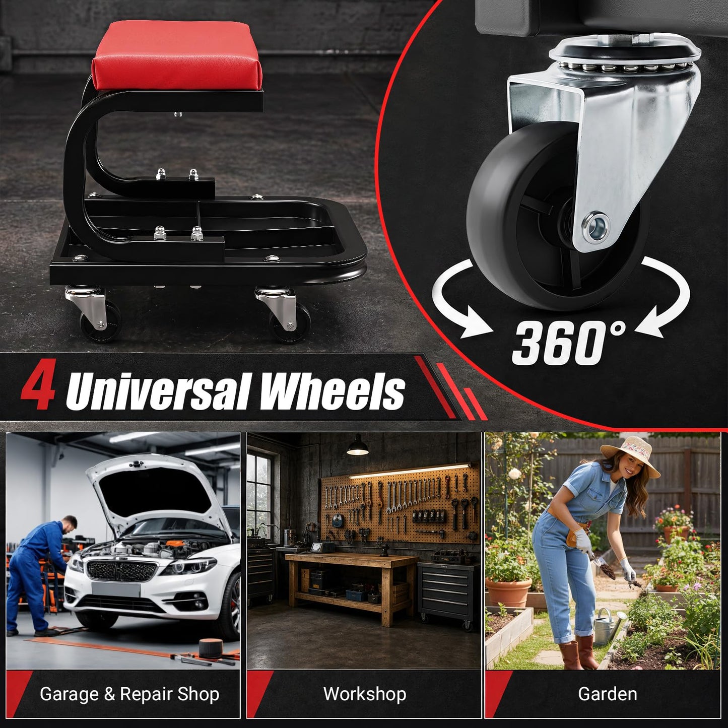 Rolling Mechanic Stool with Padded Seat, Tool Tray and 4 Wheels