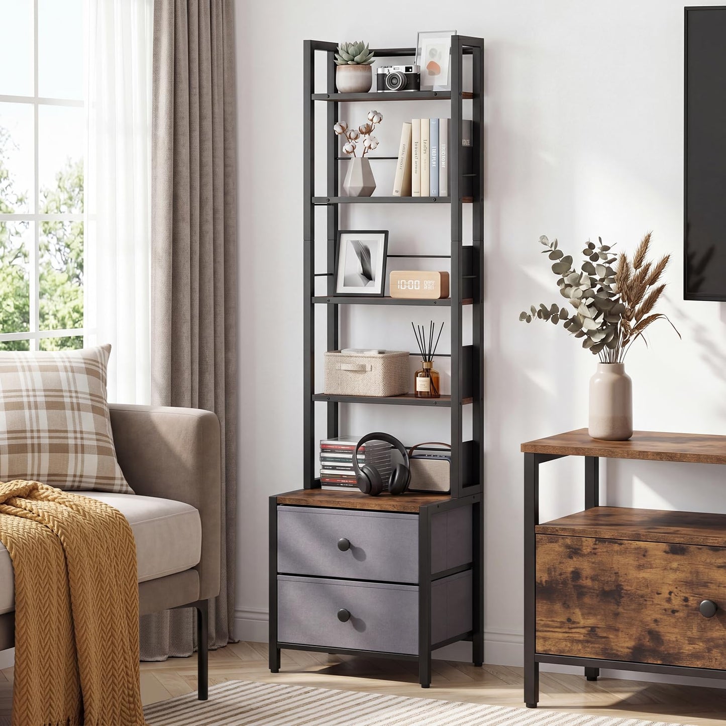 CD Storage Rack with Drawers, 5-Tier DVD Shelf Unit Vinyl Holder