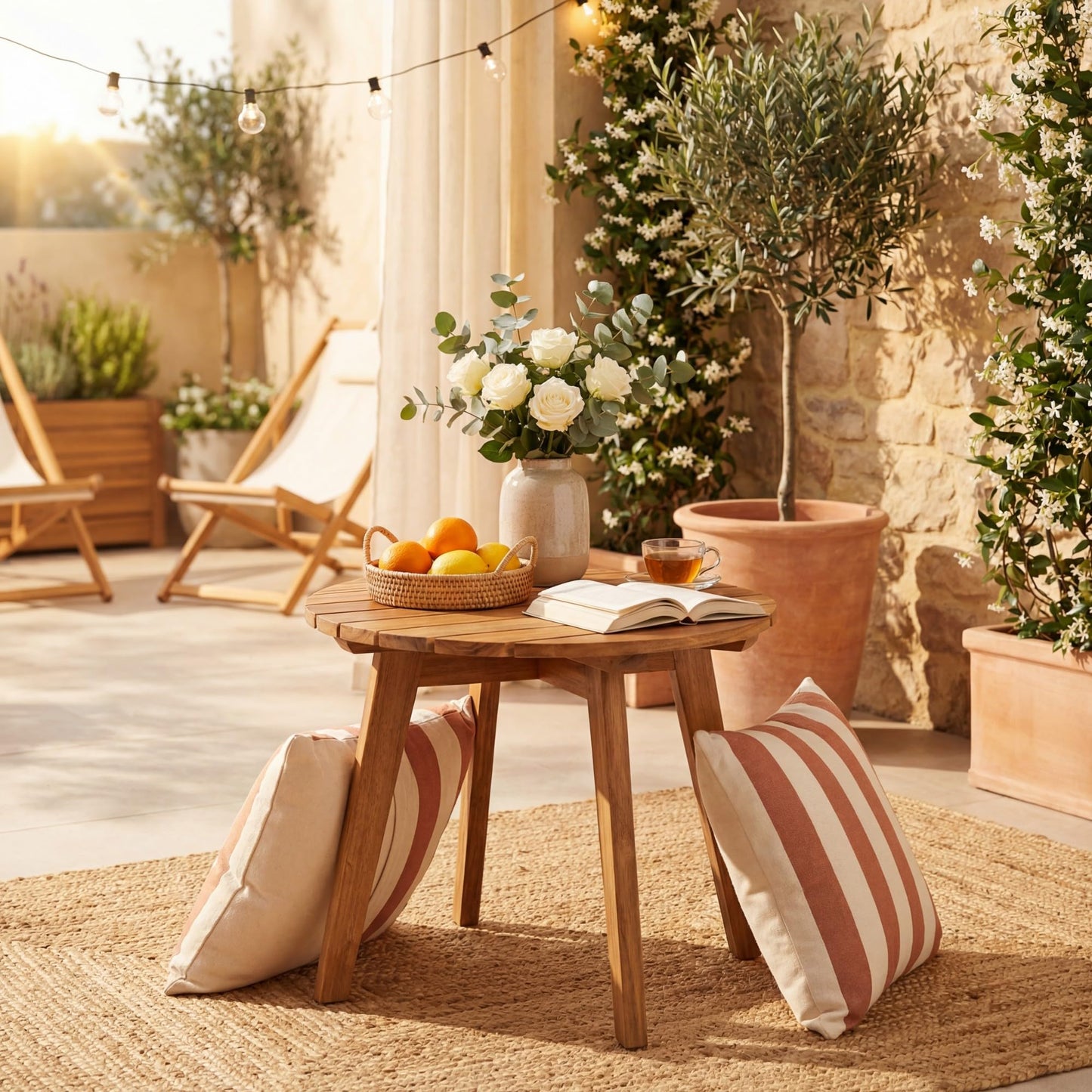 Garden Side Table, Acacia Wood Outdoor Slatted End Table