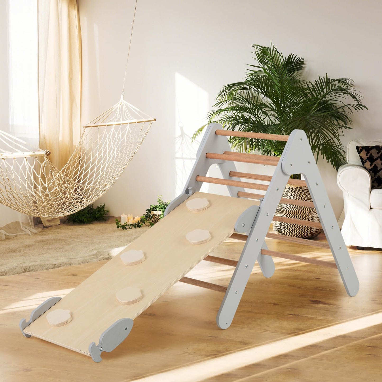Giantex  Toddler Climbing Frame Kids Wooden Montessori Triangle Climber with Double Sided Ramp