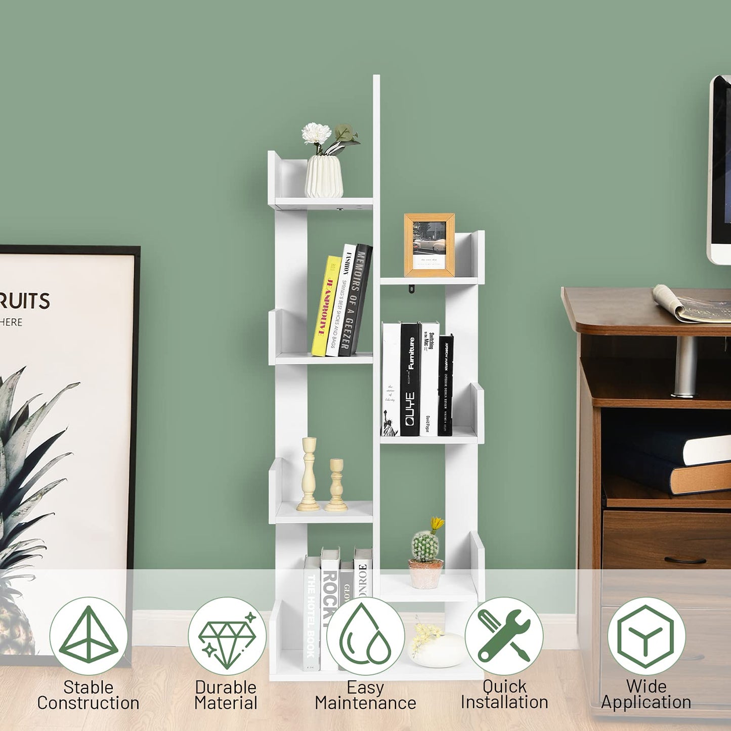 Giantex 8-Tier Tree Bookshelf Wooden Bookcase Storage Shelving Unit with Anti-Toppling Device