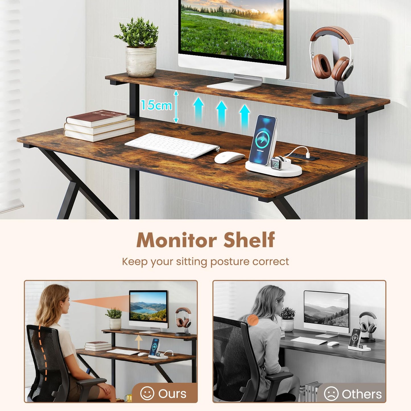 Mobile Computer Desk with Power Outlets Monitor Stand and Storage Shelf