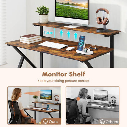 Mobile Computer Desk with Power Outlets Monitor Stand and Storage Shelf