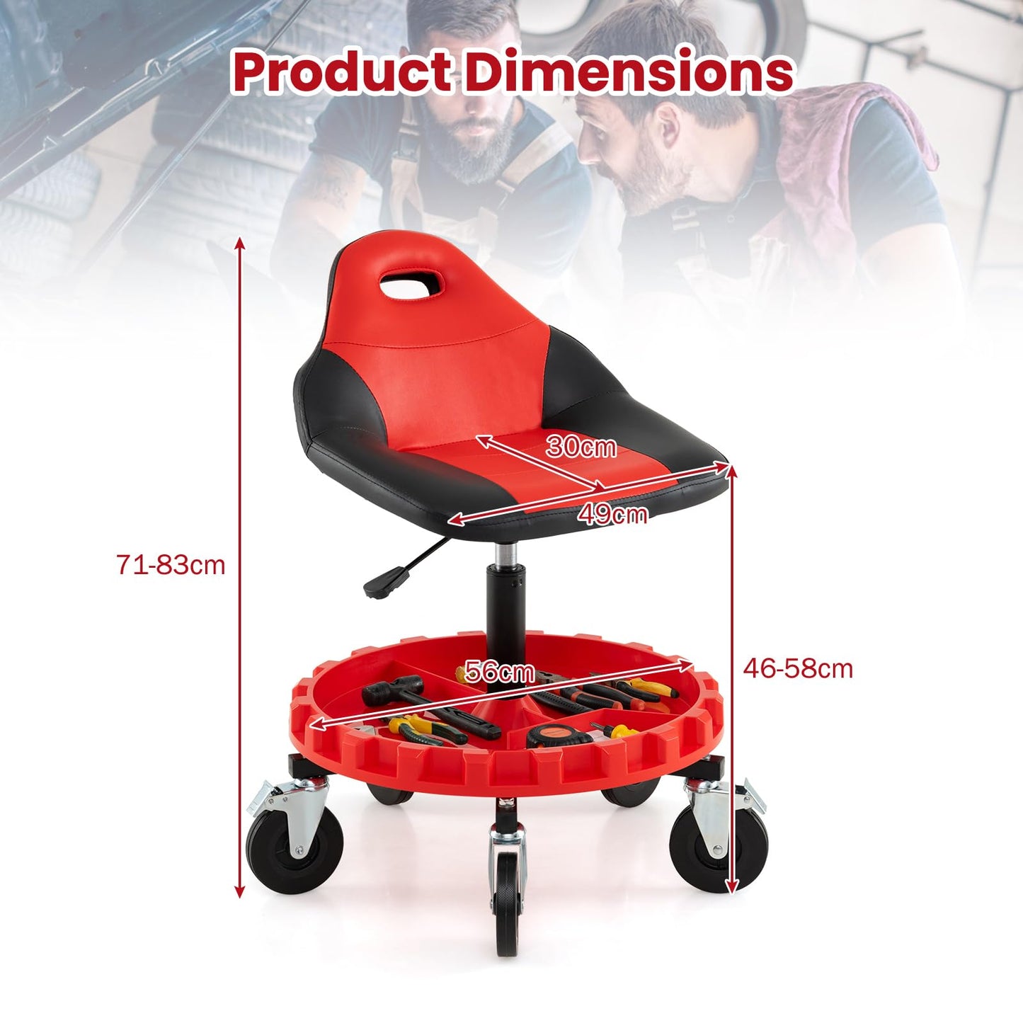 Mechanic Stool on Wheels with 71-83 cm Adjustable Height and Tool Tray Storage
