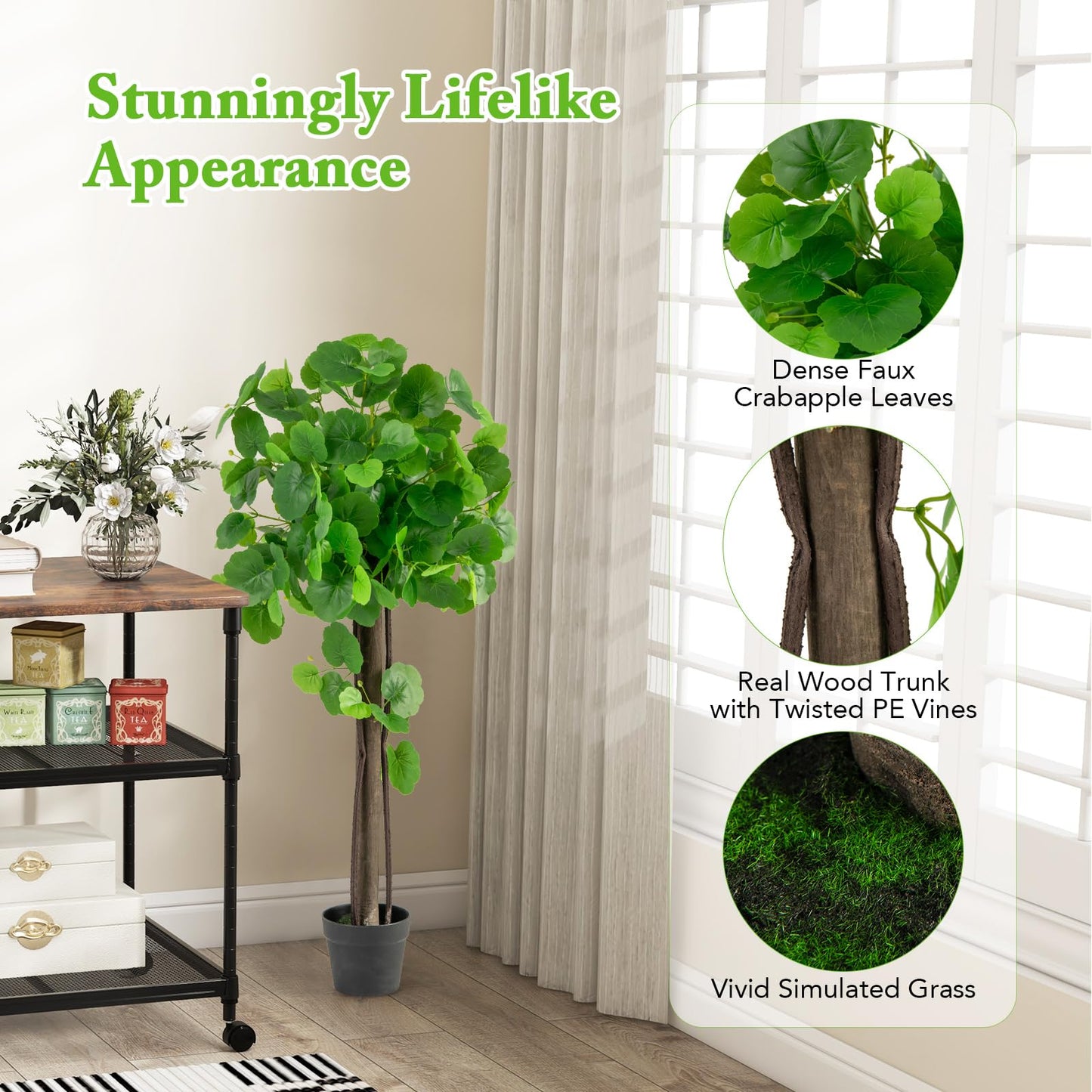 Artificial Crabapple Tree Fake Plant in Pot with Real Wood Trunk and Branches