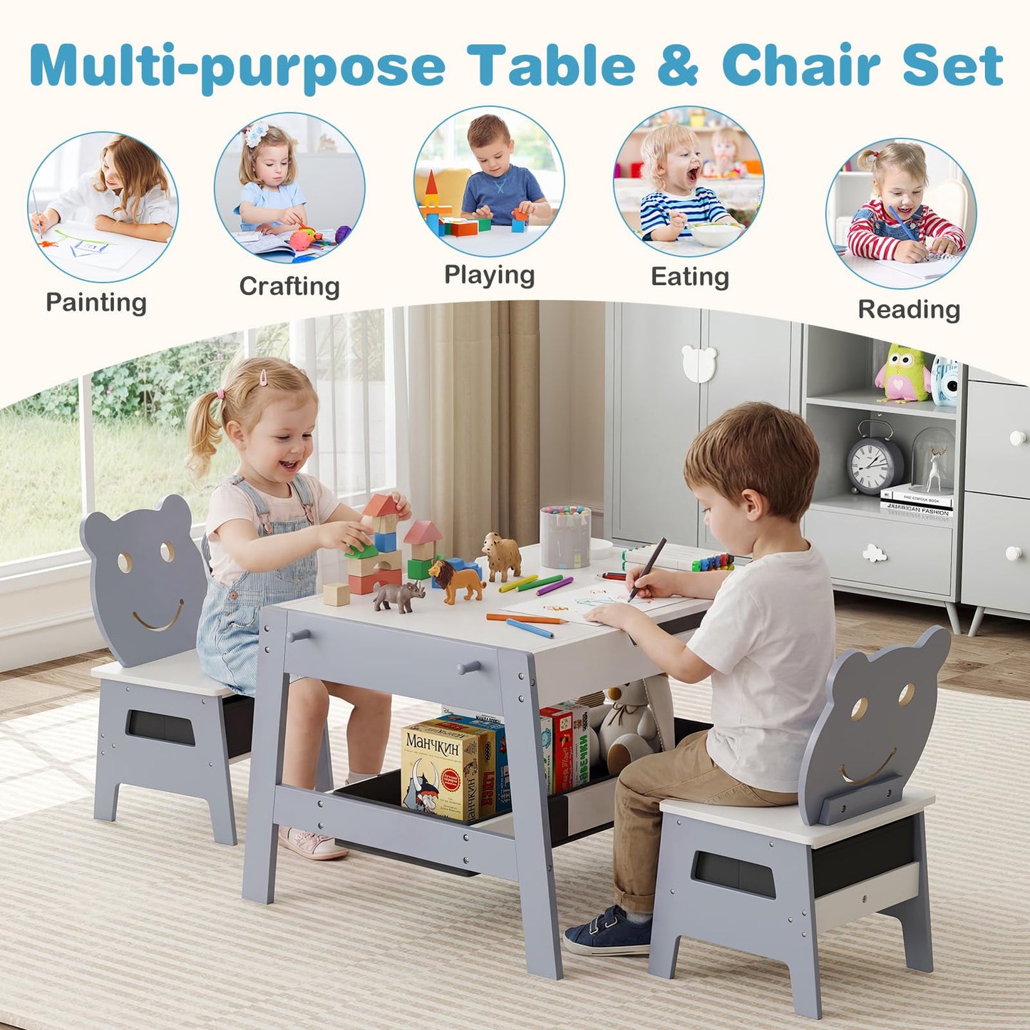 Kids Table and Chairs, Multifunctional Activity Desk with Chalkboard & Whiteboard