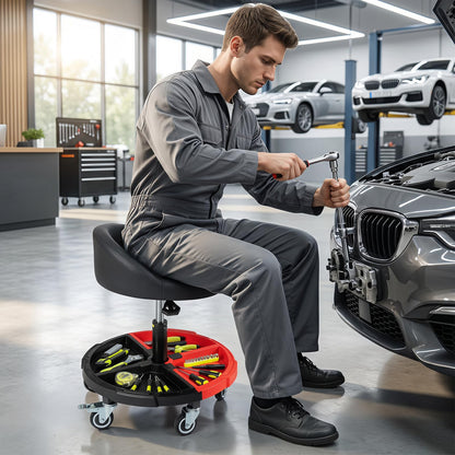 150 KG Max Weight Capacity 360° Rolling Mechanic Stool with Tool Storage Tray Backrest