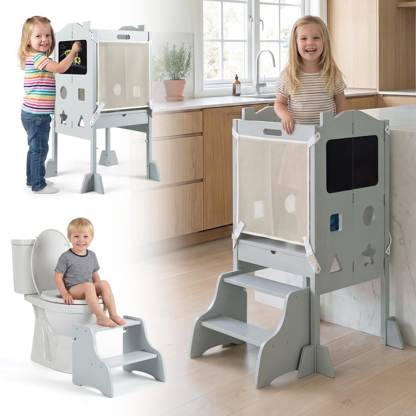 Foldable Toddler Step Stool with Chalkboards and 2-Step Stool for Boys and Girls Aged 2+