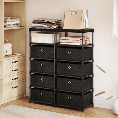 4 Drawer Fabric Dresser Tower with Wood Top and Open Shelf