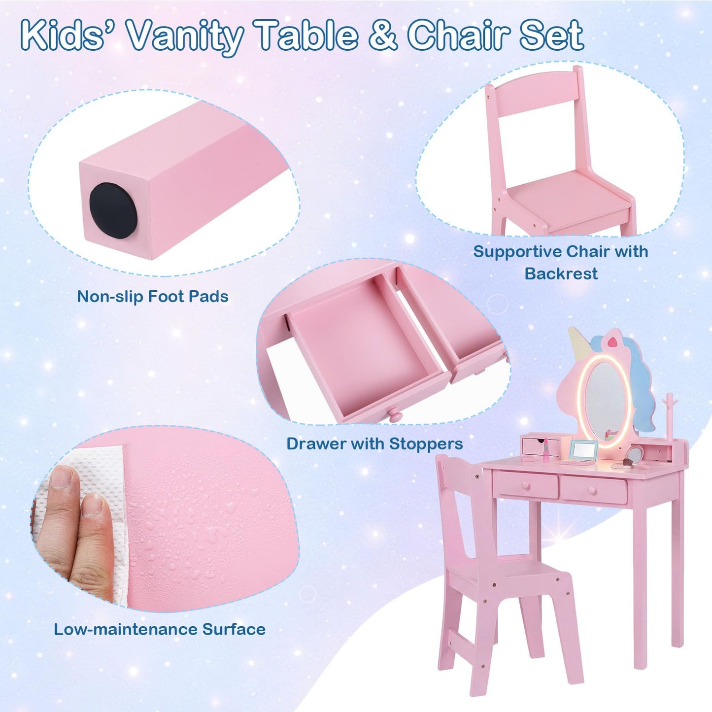 Kids Vanity Set with Lighted Unicorn Mirror & Stool and Jewelry Rack for Girls