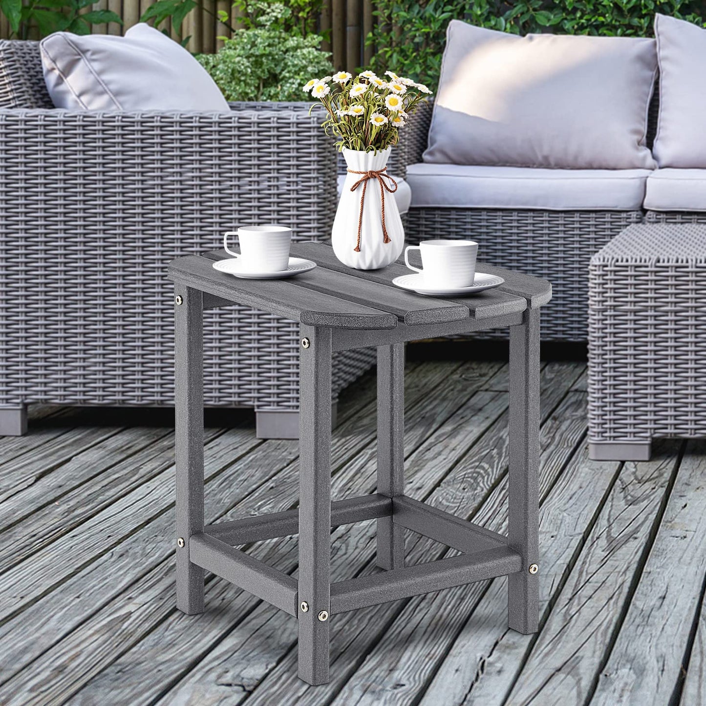 Weather-Proof HDPE Sofa End Table with Slatted Top and Curved Edge
