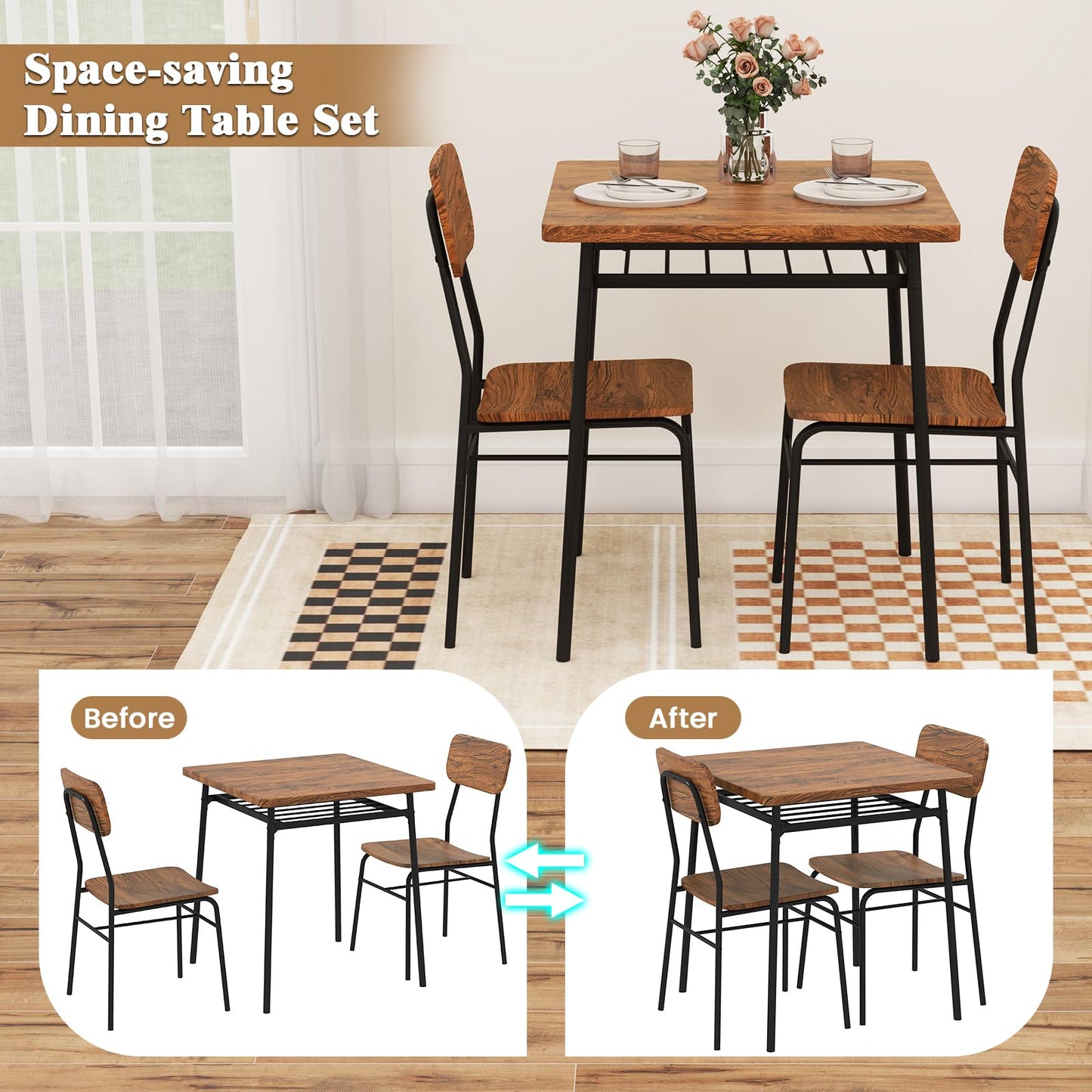 Rectangular Breakfast Kitchen Table Set with 2 Chairs and Storage Rack