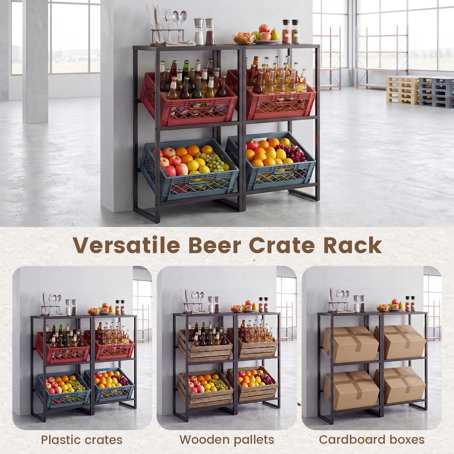 3-Tier Drink Crate Rack, Metal Bottle Storage Shelf with 3 Adjustable Angles & 2 Hooks