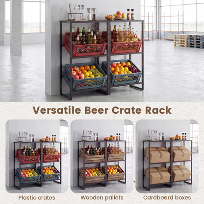 3-Tier Drink Crate Rack, Metal Bottle Storage Shelf with 3 Adjustable Angles & 2 Hooks