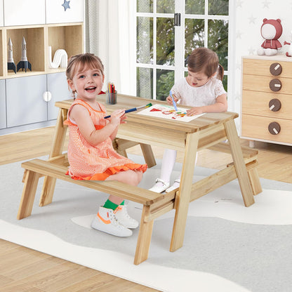 4 in 1 Wooden Table and Bench Set with Removable Top and 2 Storage Boxes