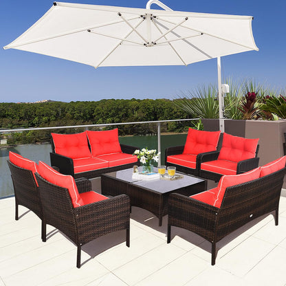 4-Piece Garden Rattan Conversation Furniture Set with Tempered Glass Table