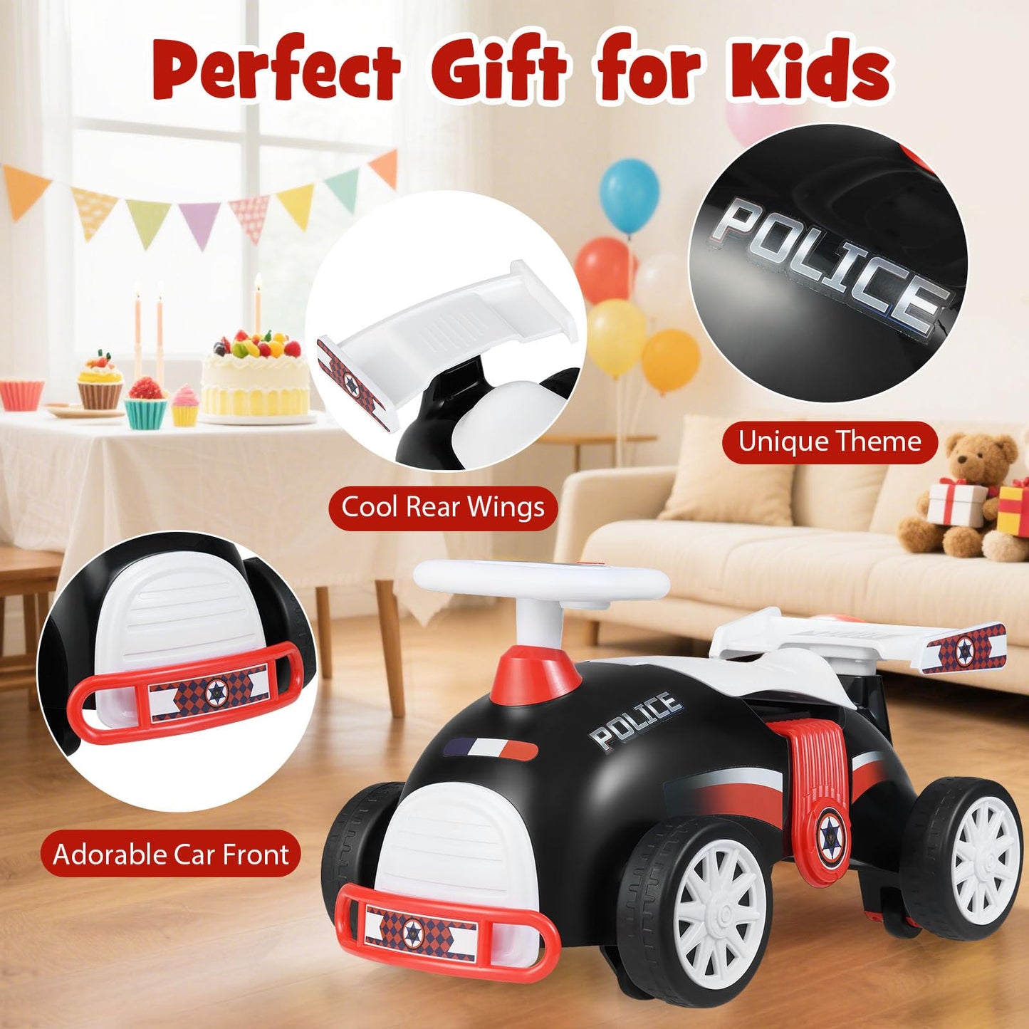 Kids Ride On Car Sliding Toy with Music and Cool Rear Wings