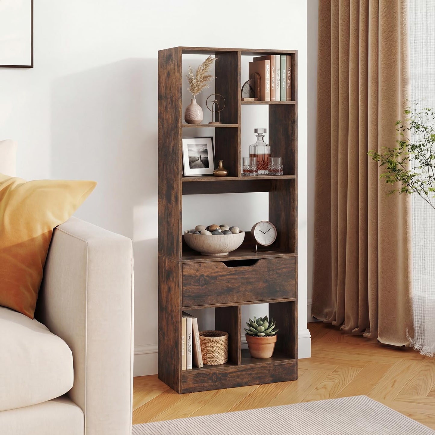 Tall Bookcase with Drawer, Floor Display Rack Storage Organizer for Living Room, Study, Home Office