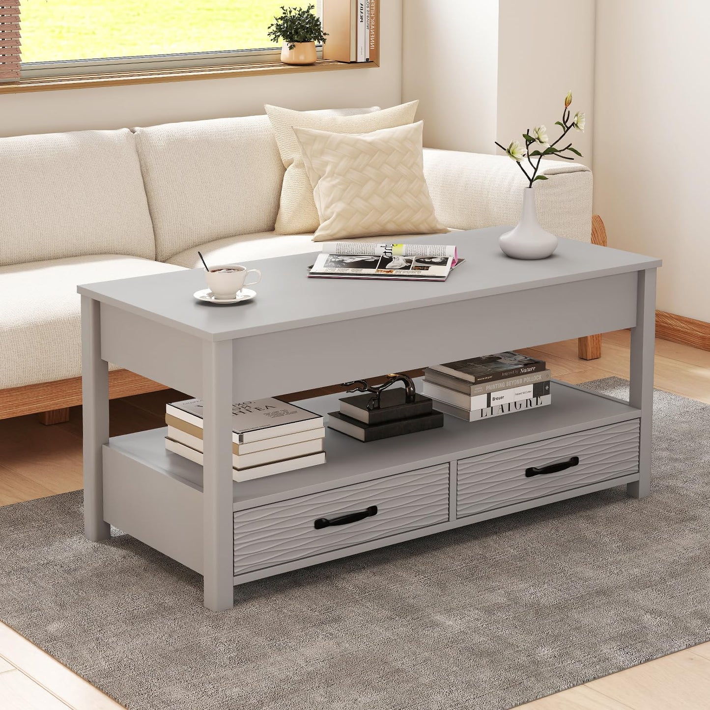 Lift Up Top Coffee Table, Wooden Lifting Cocktail Center Table with Hidden Storage Compartment