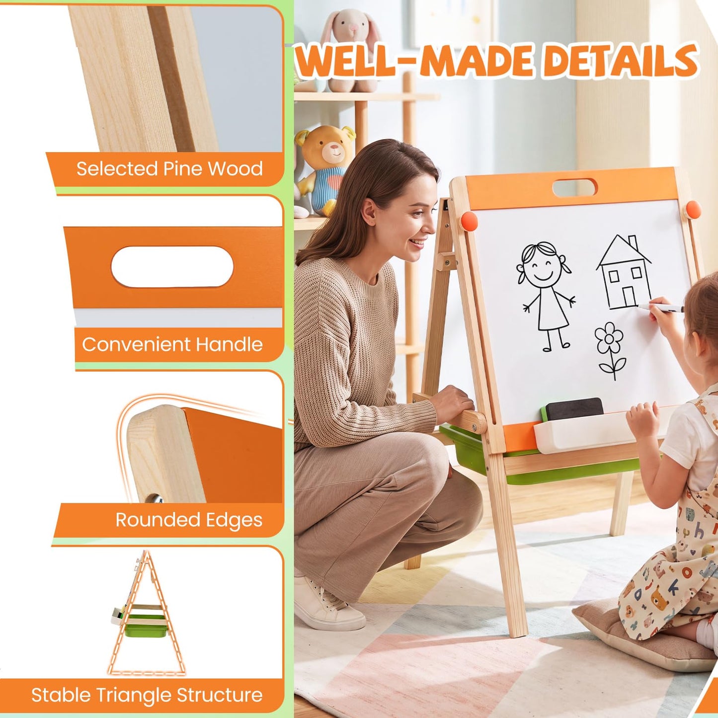 2-in-1 Art Easel for Kids with Magnetic Whiteboard & Blackboard for Ages 3+