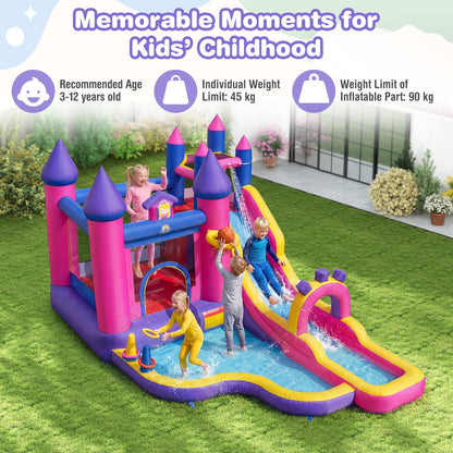 Inflatable Water Slide, Princess Themed Water Park with Long Slide, Jumping Area, Climbing Wall, Splash Pool, Basketball Hoop