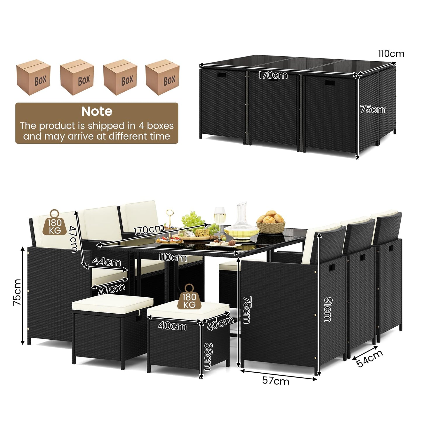 11 Pieces Patio Dining Set with Ottomans for Garden Yard Poolside