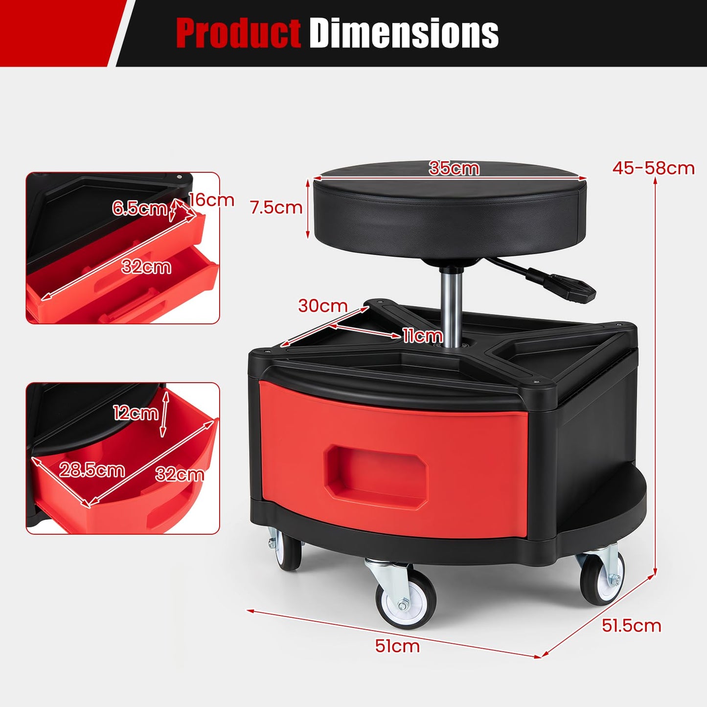 Height-Adjustable Rolling Mechanic Stool with Cushioned Seat Tool Tray for Repair Shop