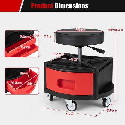 Height-Adjustable Rolling Mechanic Stool with Cushioned Seat Tool Tray for Repair Shop