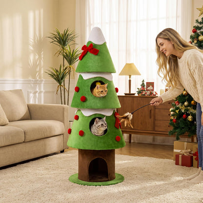 157.5 cm Christmas Cat Tree with 3 Cozy Condos and 2 Hanging Balls