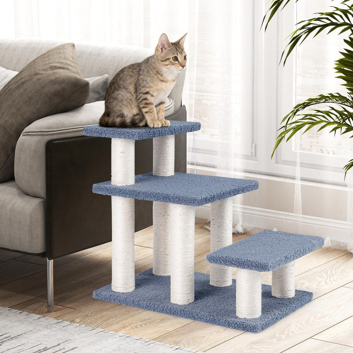 Cat Stairs, 3-Step Pet Easy Climb Ladder with Sisal Scratching Posts