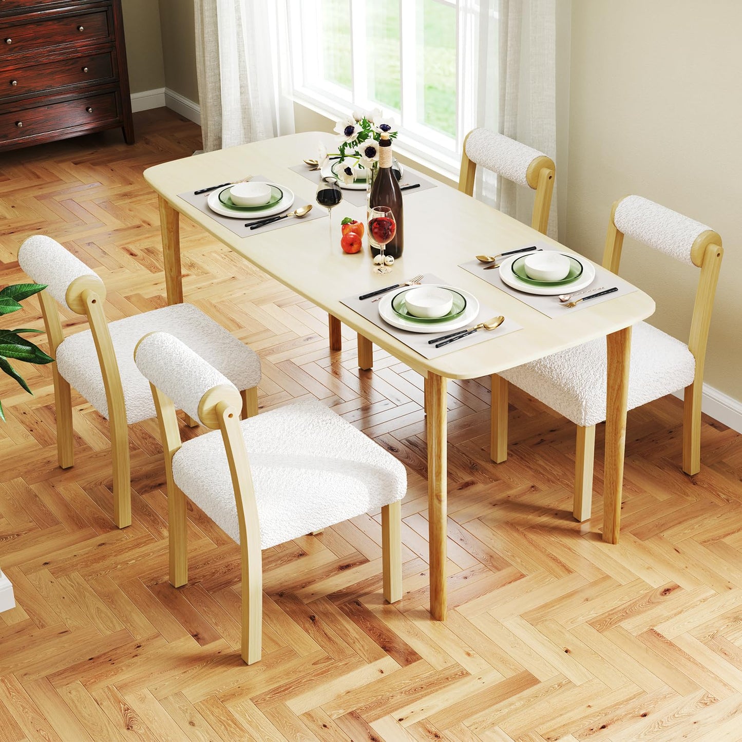 Wooden Dining Chair Set of 2 Faux Sherpa Upholstered Kitchen Chairs