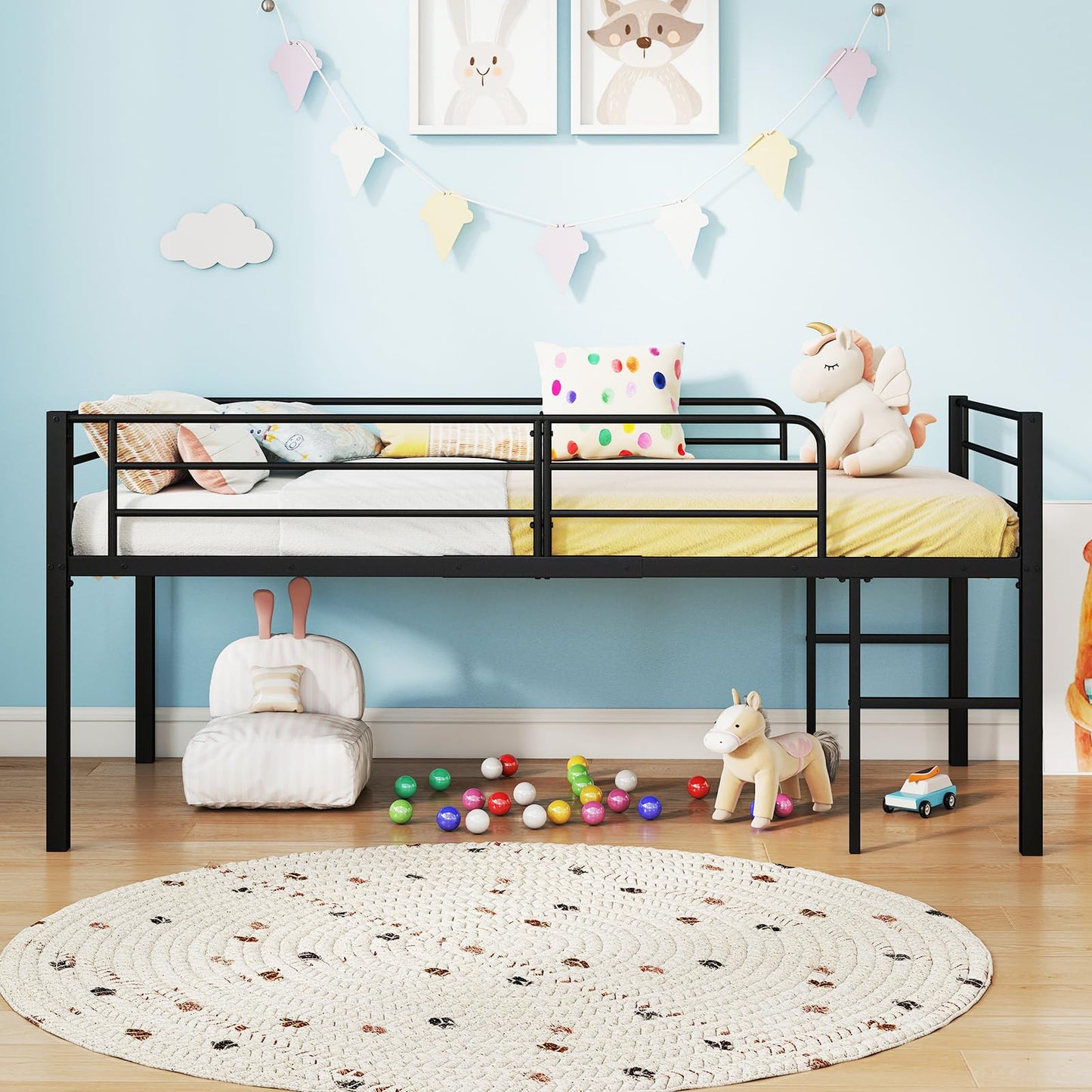 Single Size Low Loft Bed Metal Bed Frame with Safety Guardrails and 2 Ladders