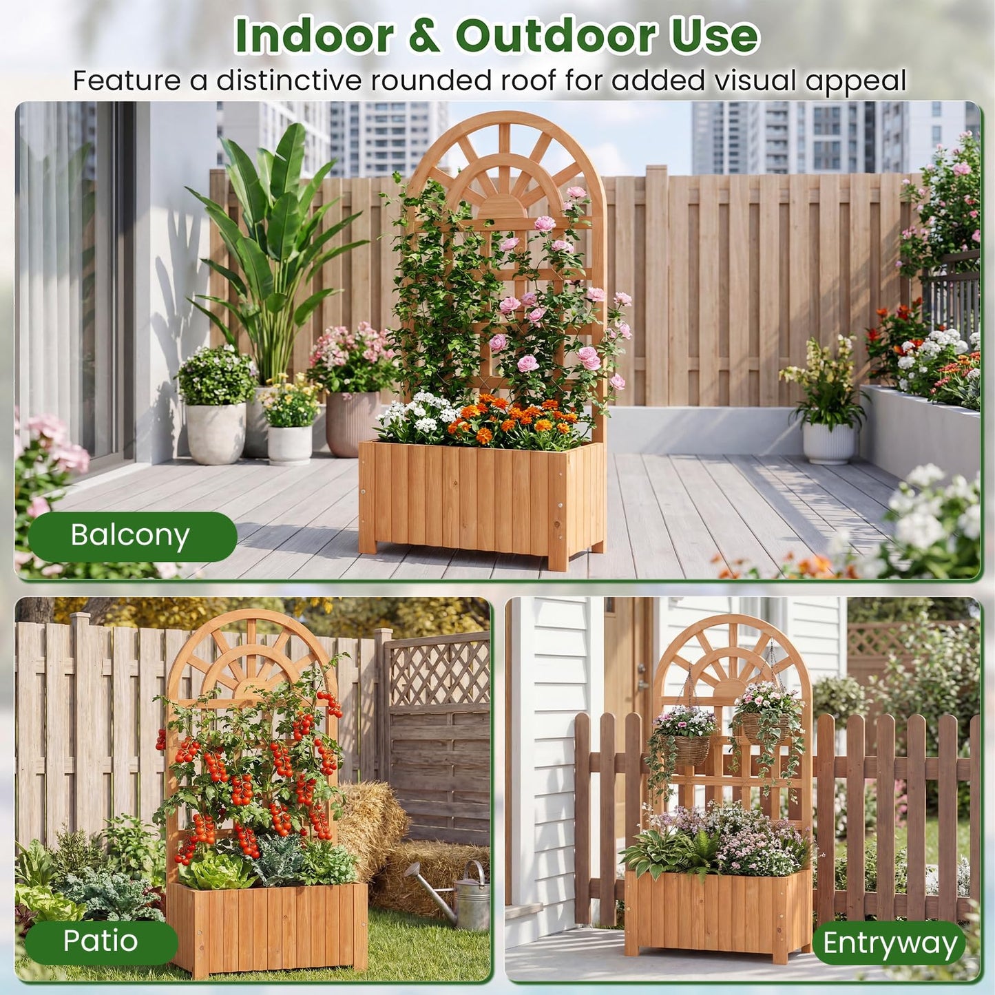 Garden Planter with Trellis, Wooden Raised Bed with Drainage Holes