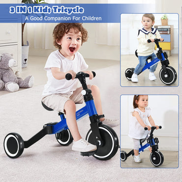 3 in 1 Kids Trike, Folding Baby Tricycle with Adjustable Handlebar and PU Seat