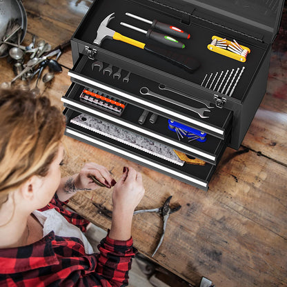 Portable Steel Tool Box with 3 Drawers and Top Storage Tray