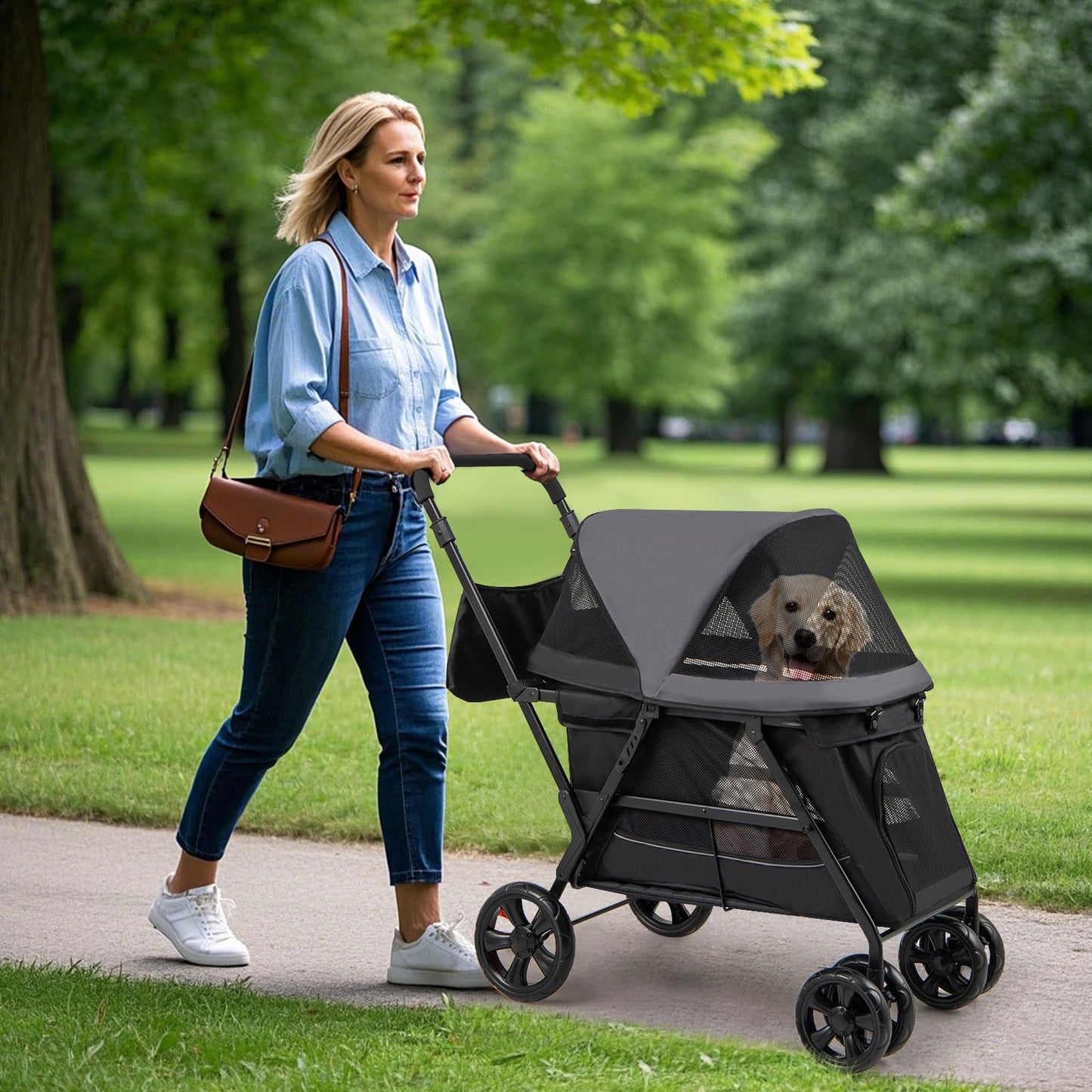 Foldable Dog Pushchair Cat Pram with Dual Entry for Dogs Cats