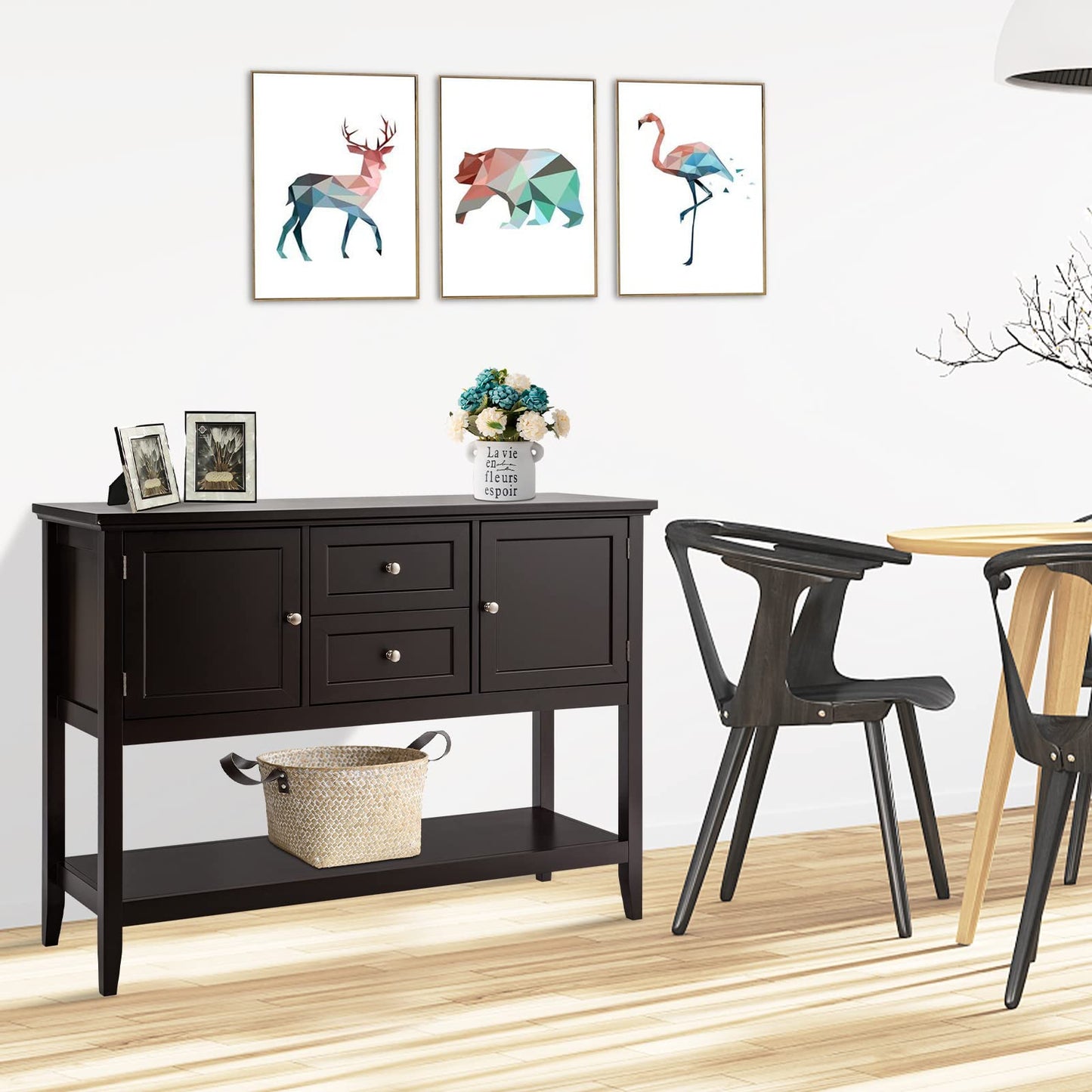 Wooden Buffet Table with Spacious Tabletop and Large Storage Rack