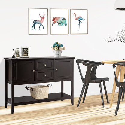 Wooden Buffet Table with Spacious Tabletop and Large Storage Rack