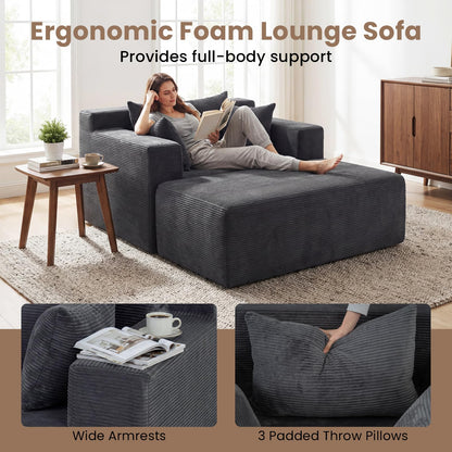 Single Floor Sofa Bed with Ottoman & 3 Pillows, Corduroy Chaise Lounge Chair Boneless Couch
