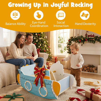 Kids Rocking Boat, Submarine-Themed Wooden Rocking Ship Toy with Rotating Propeller