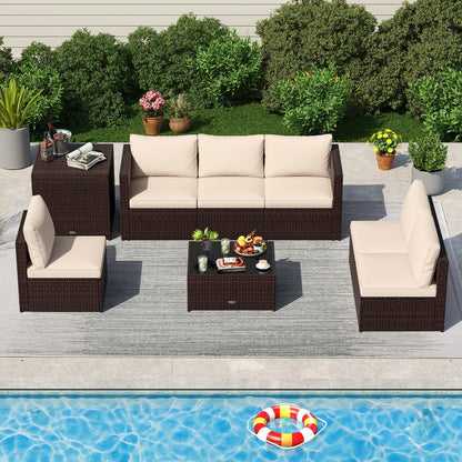 8 PCS Garden Rattan Corner Patio Conversation Sofa Set with Tempered Glass Coffee Table