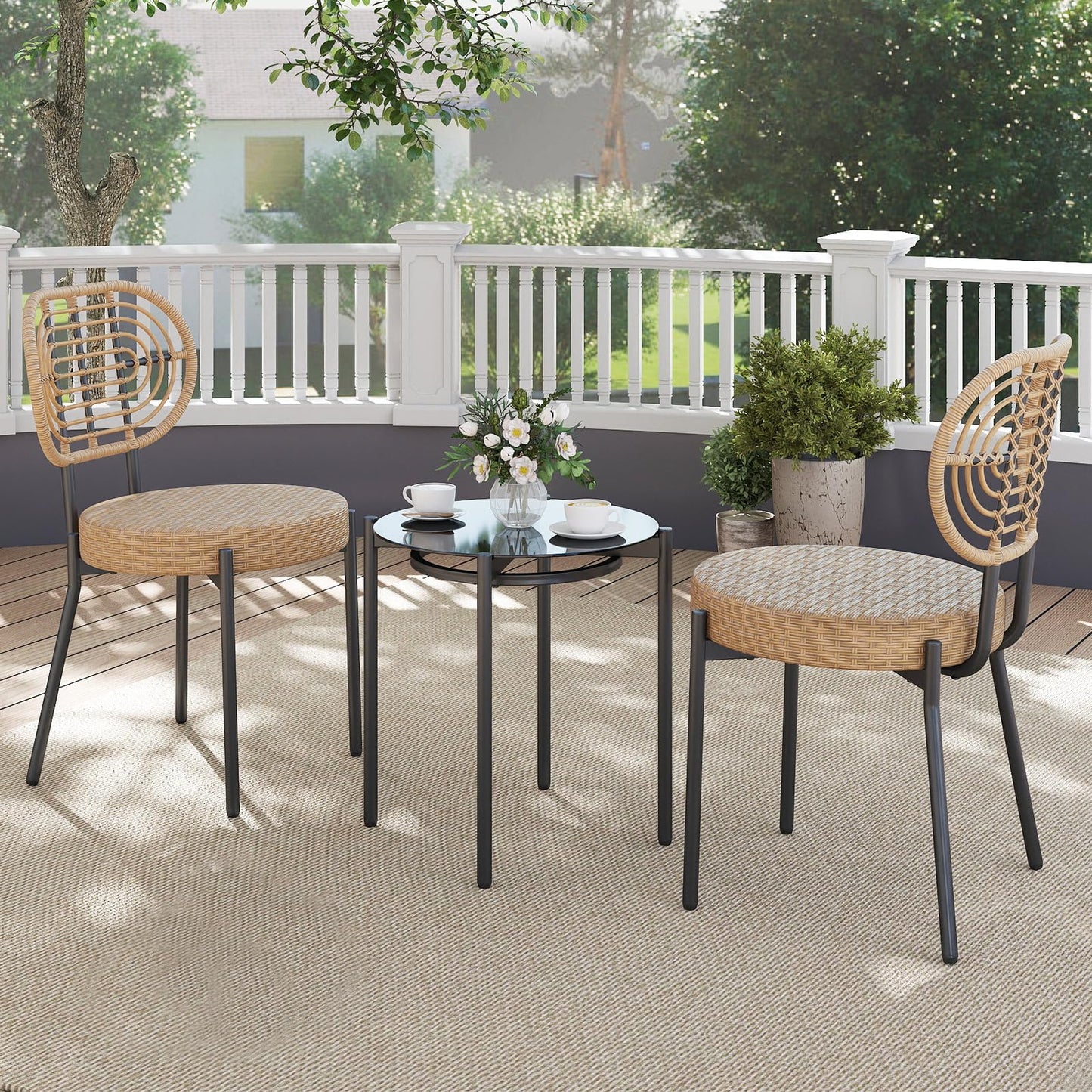 3 Pieces PE Wicker Outdoor Bistro Set Patio Conversation Set with Tempered Glass Coffee Table and Rattan Chairs