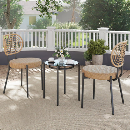 3 Pieces PE Wicker Outdoor Bistro Set Patio Conversation Set with Tempered Glass Coffee Table and Rattan Chairs