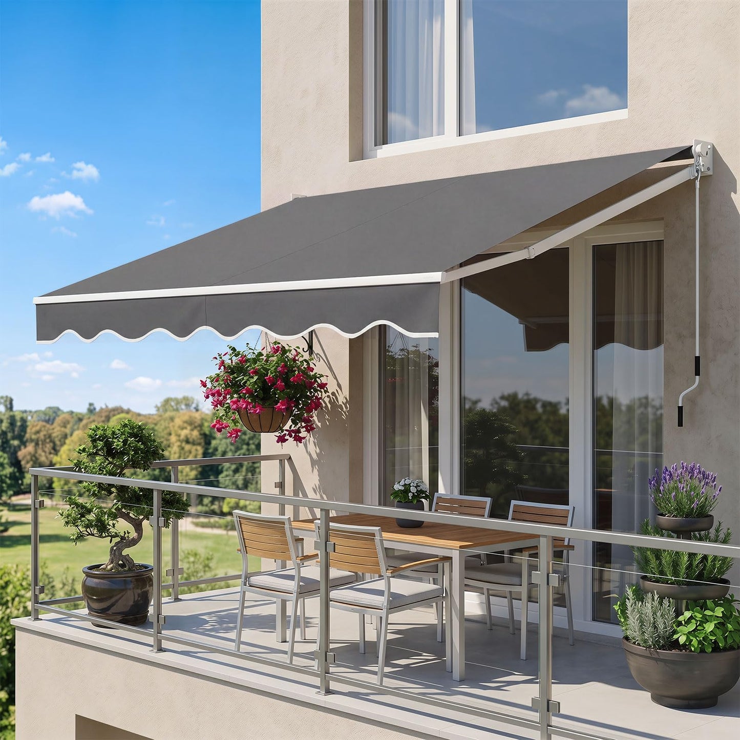 Retractable Manual Awning, Anti-UV and Waterproof Garden Patio Canopy with Fittings