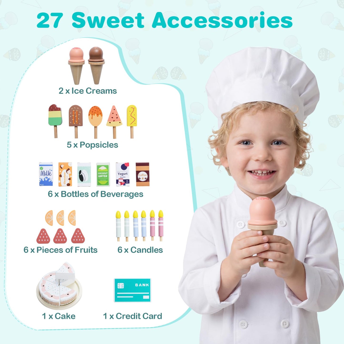 Kids Ice Cream Shop, Wooden Grocery Store Playset with 27 Accessories