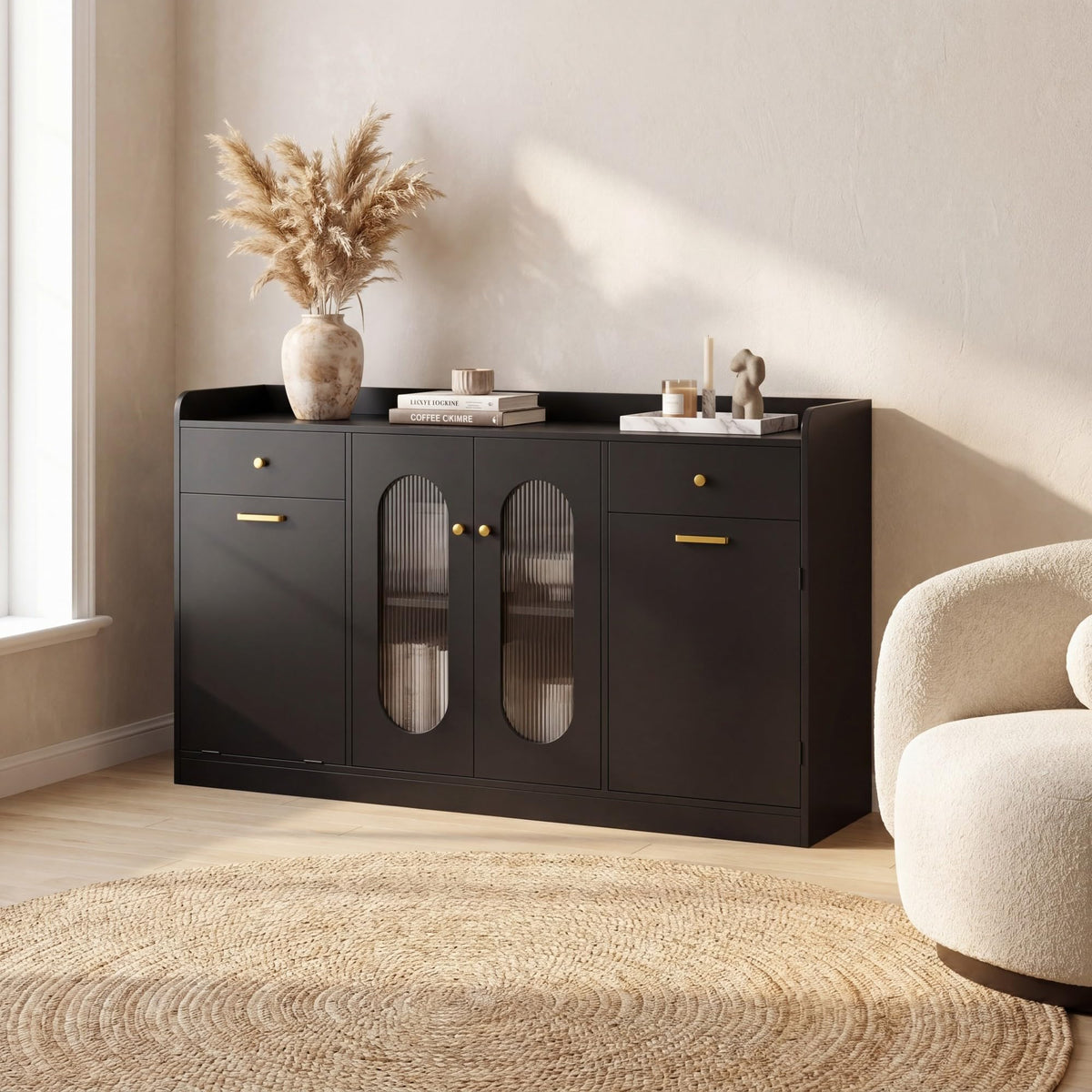 140cm Buffet Sideboard, Tilt Out Trash Can Cabinet with Glass Doors
