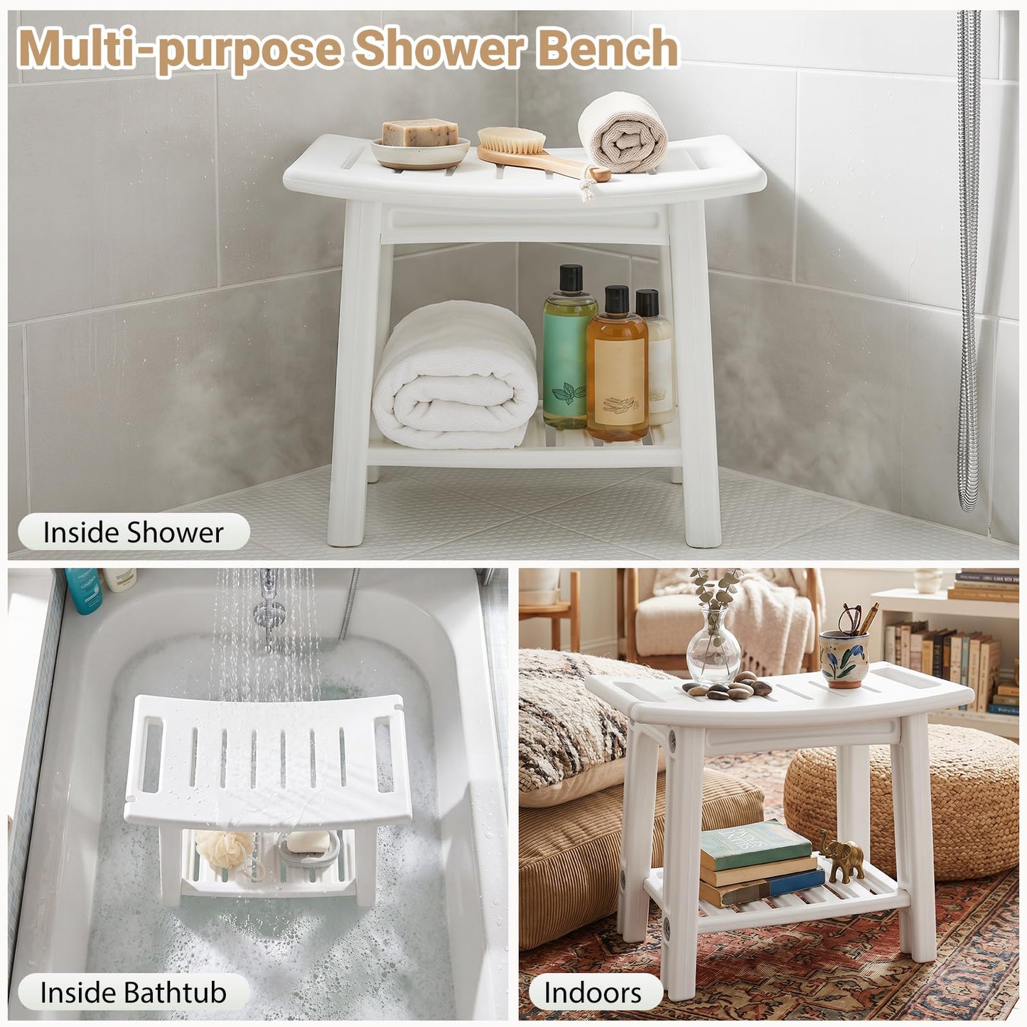 Shower Bench, HDPE Waterproof Bathroom Stool Seat for Inside Shower | Shelf, Handles, Shower Head Holders